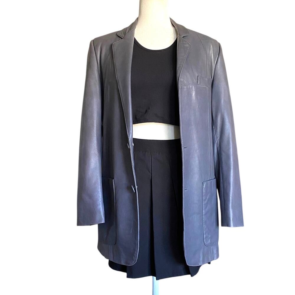 VNTG Summit Smooth Leather Blazer Jacket M Grey Long Line Lapel Collar 1980s